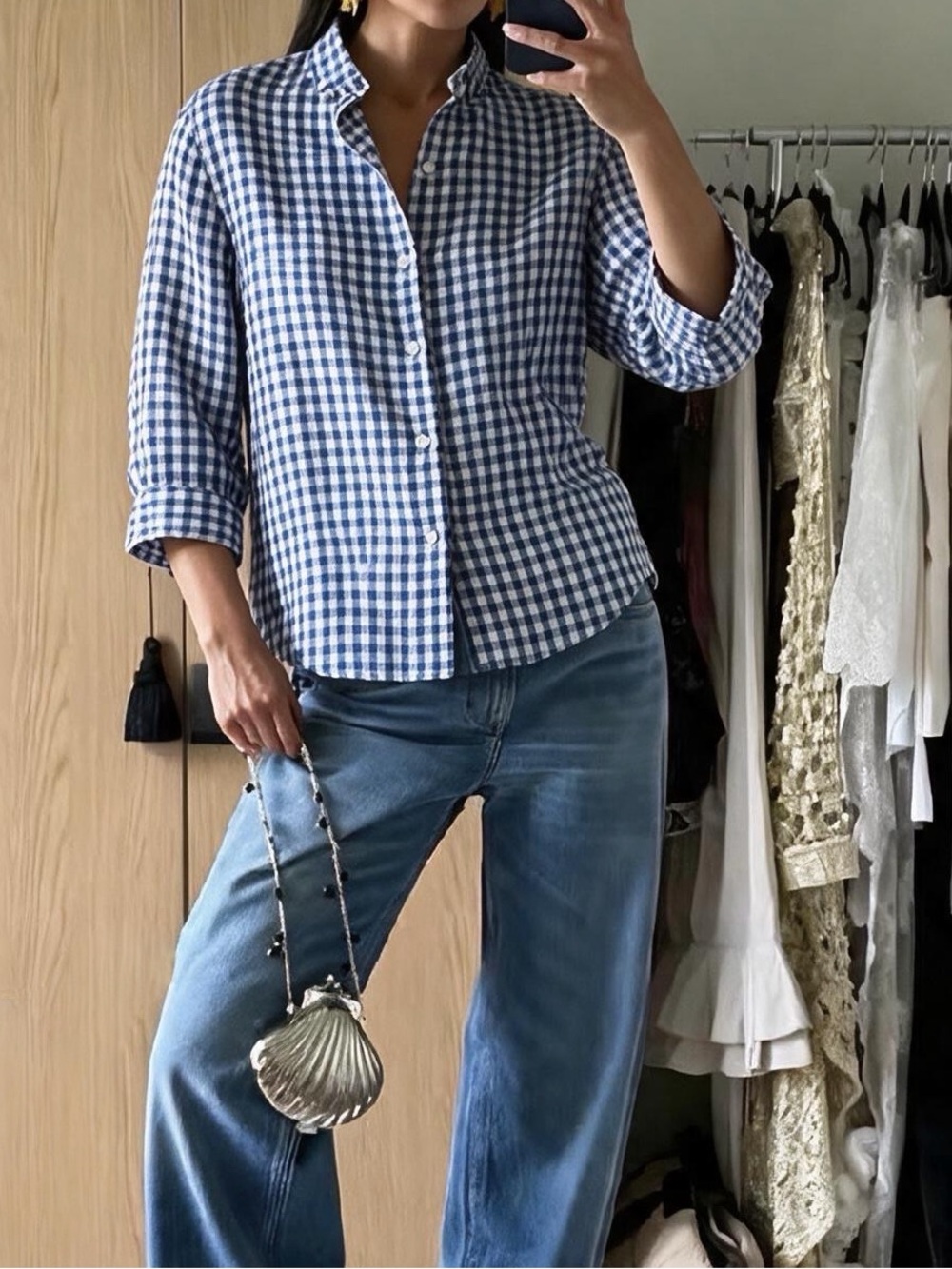R13 linen Blue and White Gingham Button-Up Shirt